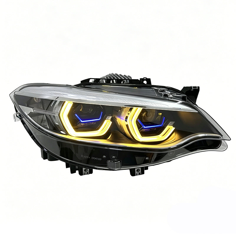 Vekto laser dual lens LED headlights with dual-color for BMW F22, F23, and F87 M2 2014-2021, showing the headlight design and colors.