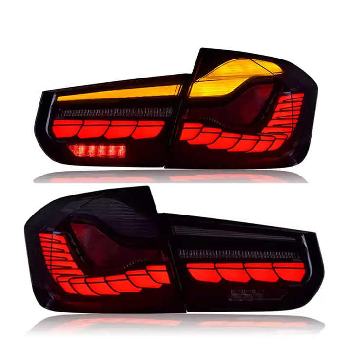 Vekto GTS Style LED tail lights installed on BMW F30/F35/F80, featuring sleek design and bright illumination.