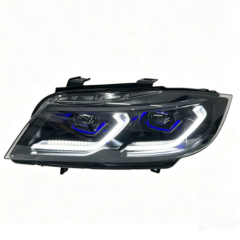 BMW E90 Vekto smoked tri-color LED headlights with DRL upgrade, compatible with 2005–2011 models, featuring modern design and smoky finish.