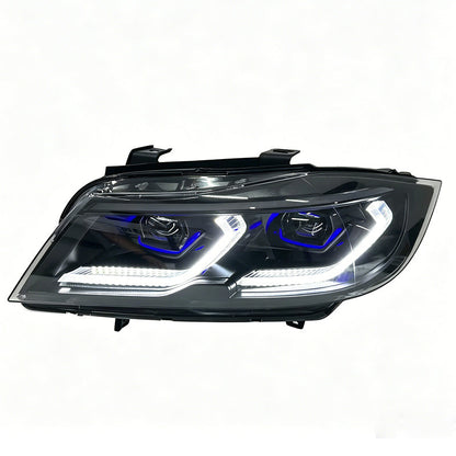 BMW E90 Vekto smoked tri-color LED headlights with DRL upgrade, compatible with 2005–2011 models, featuring modern design and smoky finish.