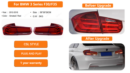 Vekto CSL style LED tail lights for BMW 3 Series F30/F35 2012-2018, showing sleek, modern taillight design with illuminated LEDs.