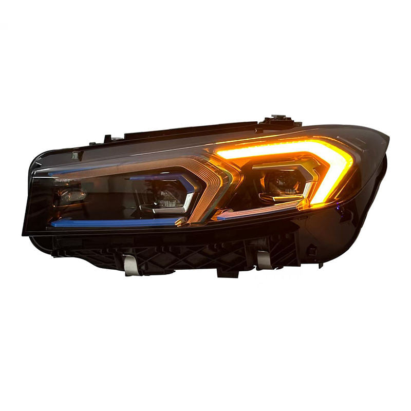 Vekto BMW G20 G80 LED laser headlights with DRL in yellow and white for 2023–2025 models, featuring modern automotive lighting.