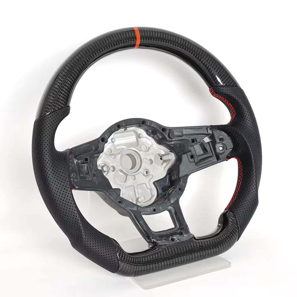 Vekto carbon fiber steering wheel for VW Golf 7 GTI R Mk7, close-up view showing textured carbon fiber finish and ergonomic grip design.