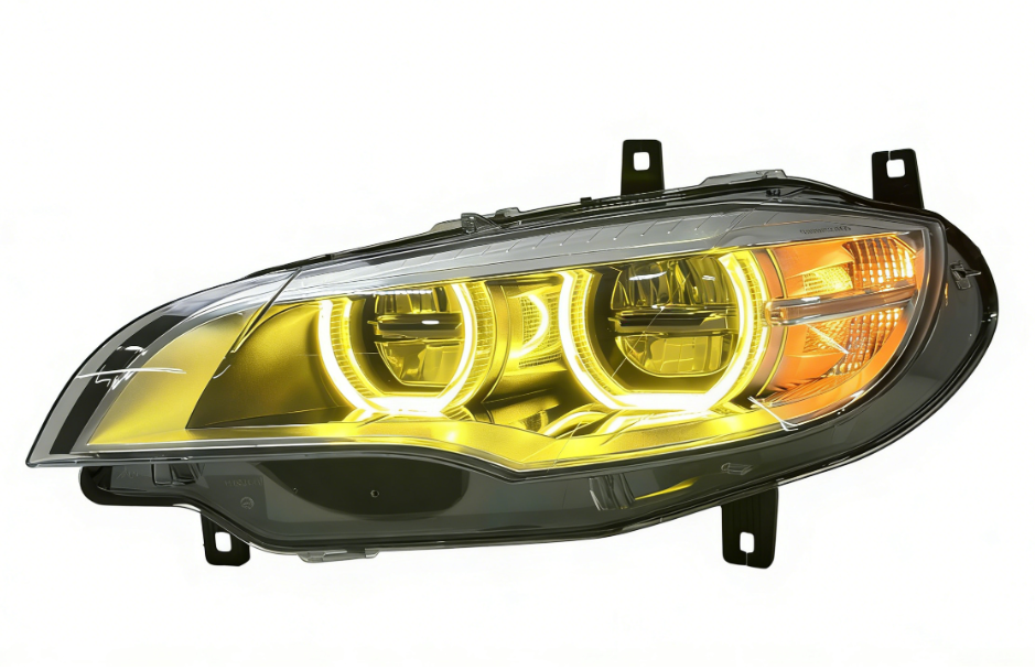 Vekto dual-color angel eye LED headlights for BMW X6 E71 2008-2014, showing close-up of the LED rings and headlight design