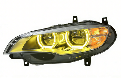 Vekto dual-color angel eye LED headlights for BMW X6 E71 2008-2014, showing close-up of the LED rings and headlight design