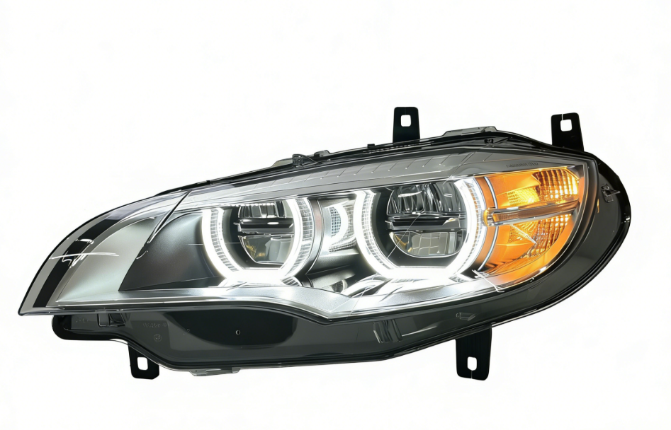 Vekto dual-color angel eye LED headlights for BMW X6 E71 2008-2014, showing the bright circular LED angel eye rings on the headlights.