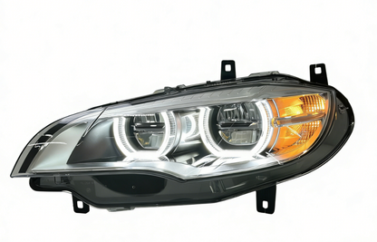 Vekto dual-color angel eye LED headlights for BMW X6 E71 2008-2014, showing the bright circular LED angel eye rings on the headlights.