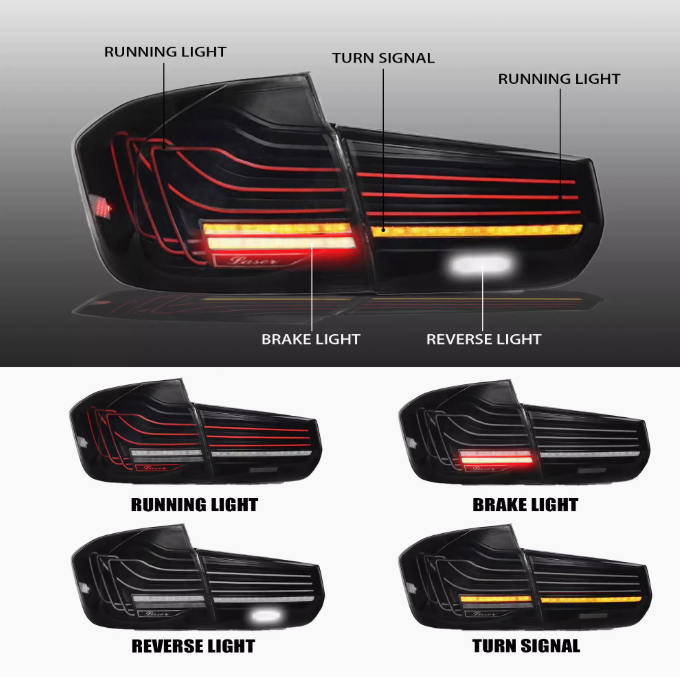 Vekto CSL Style LED tail lights for BMW 3 Series F30/F35 2012-2018, showing sleek taillight design with red and clear lenses.