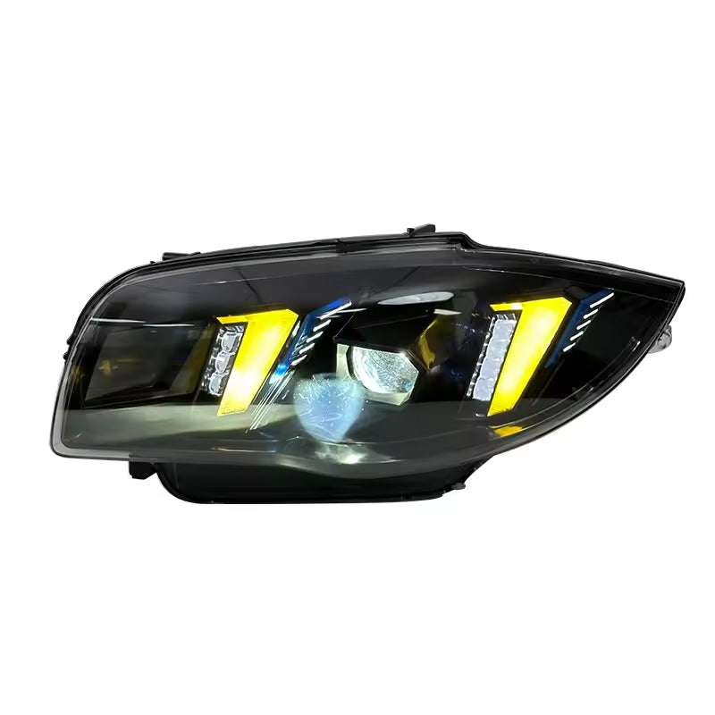 Vekto LED headlights for BMW 1 Series E81 E82 E87 2004-2011, front view showing bright headlight assembly