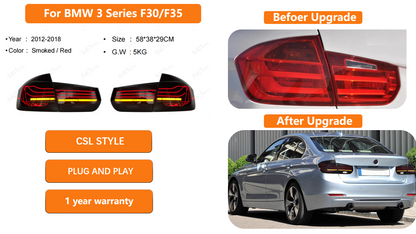 Vekto CSL style LED tail lights for BMW 3 Series F30 F35 2012-2018, showing sleek red and clear lens design.