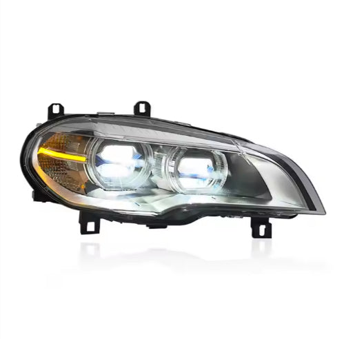 Vekto dual color LED angel eyes headlights assembly for BMW X5 E70 2007-2013, showing the headlights with LED angel rings.