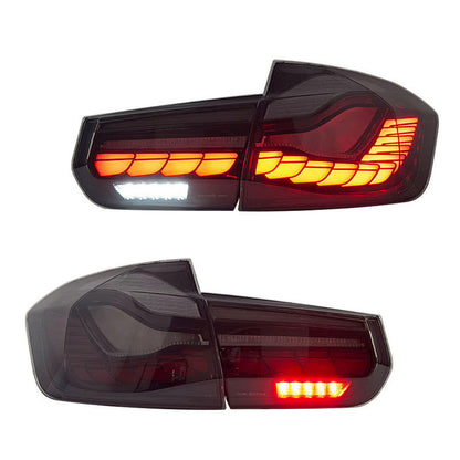 Vekto OLED GTS style LED tail lights for BMW 3 Series F30/F35 and M3 F80, installed on a 2012-2018 BMW model.