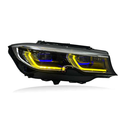 Vekto laser triple-color LED headlights for BMW 3 Series G20/G28 and M3 G80 2019-2022, showing the headlight design and lighting features.