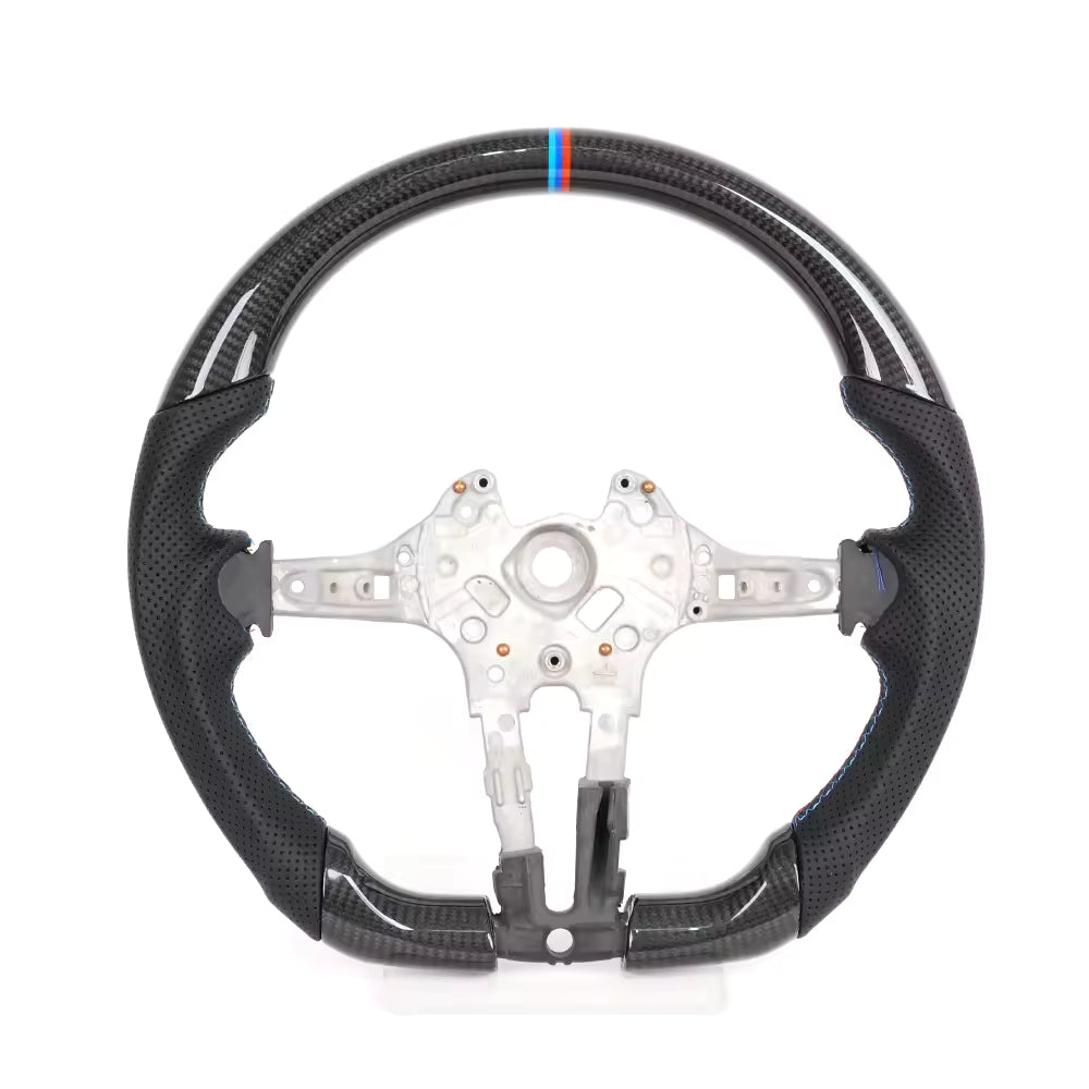 Vekto carbon fiber steering wheel for BMW F30 F10 F15 M3 M5 X Series showing sleek black carbon fiber surface and ergonomic design.