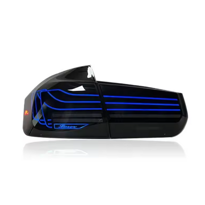 BMW F30/F35 and M3 F80 RGB style LED tail lights assembly by Vekto, showcasing sleek red and clear taillight design.