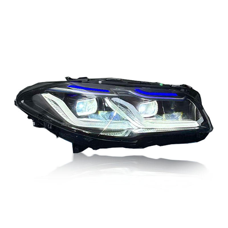 Vekto dual-color LED headlights for BMW F10/F18 5 Series 2010-2017, showing bright LED light output and sleek headlight design.