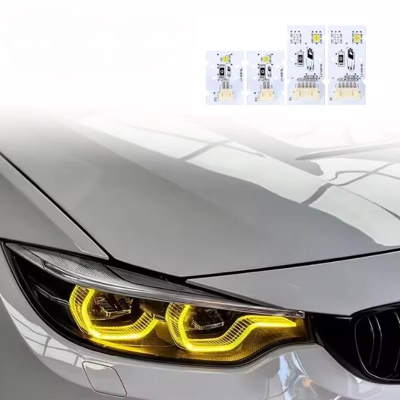 Vekto CSL Yellow LED DRL modules installed in BMW F80 M3 and F82/F83 M4 LCI headlights, showcasing bright yellow daytime running lights.