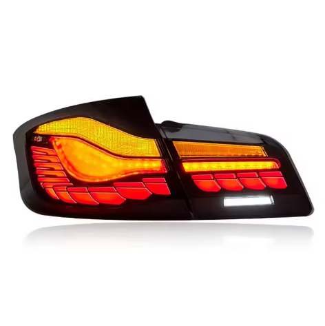 Vekto Dragon Scale LED tail lights for BMW 5 Series F10/F18 2011-2017, showing the stylish taillight design on a vehicle.