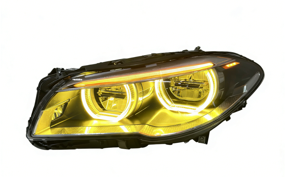 Vekto dual color angel eyes LED headlights assembly for BMW 5 Series F10 F18 2010–2013 showing close-up of LED rings and headlight design.