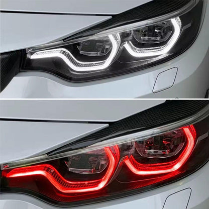 Vekto RGB LED DRL module kit installed in BMW F80 M3 and F82/F83 M4 LCI headlights, showcasing vibrant RGB lighting.