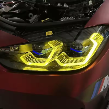 Vekto dual-color LED daytime running light modules for BMW G22/G23 4 Series and G80/G82 M3/M4 headlights, modern headlight design.