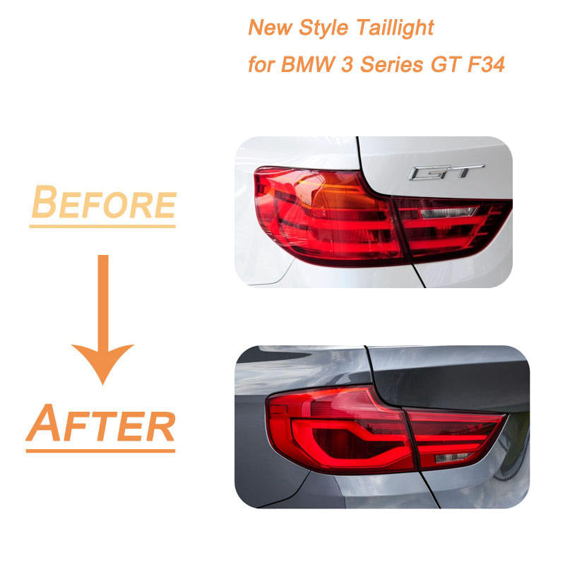 Vekto LED taillights for BMW 3 Series GT F34 2013-2020, showing red and clear lens tail light assembly on vehicle.
