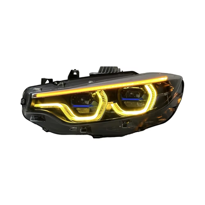 Vekto V3 triple-color LED headlights for BMW 4 Series F32/F33/F36, M3 F80, M4 F82 2013-2018, showing front view with lights on