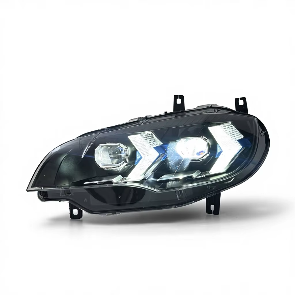 Vekto dual-color LED headlights installed on a BMW X6 E71 from 2008 to 2014, showing bright illumination and modern design.