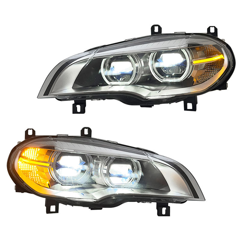 Vekto LED headlights for BMW X5 E70 2007-2013, showing the sleek design and bright illumination of the headlight unit.