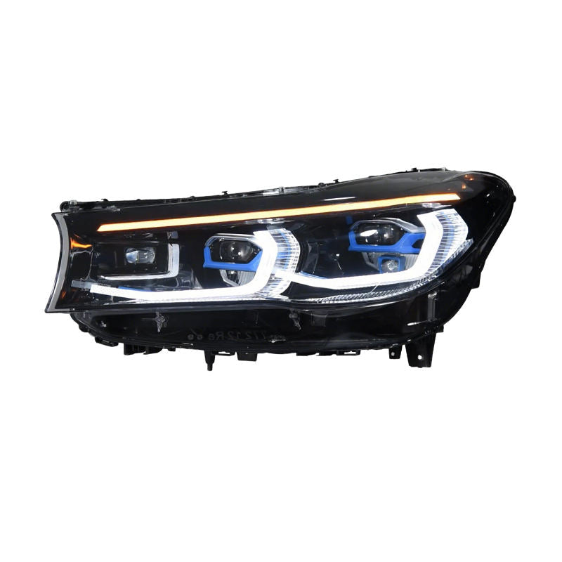 Vekto dual-color LED headlights installed in a BMW 7 Series G12 (2016-2018), showing the bright white and blue lighting effect.