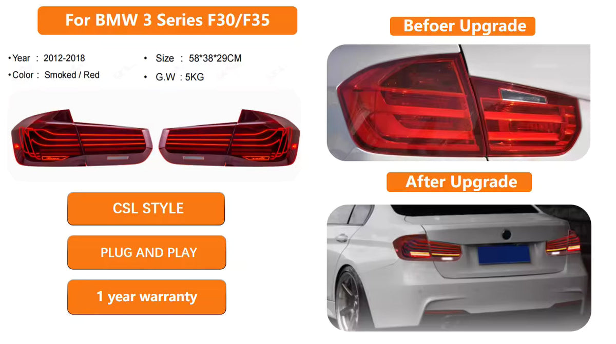 Vekto CSL style LED tail lights for BMW 3 Series F30/F35 2012-2018, showing sleek taillight design with LED accents.