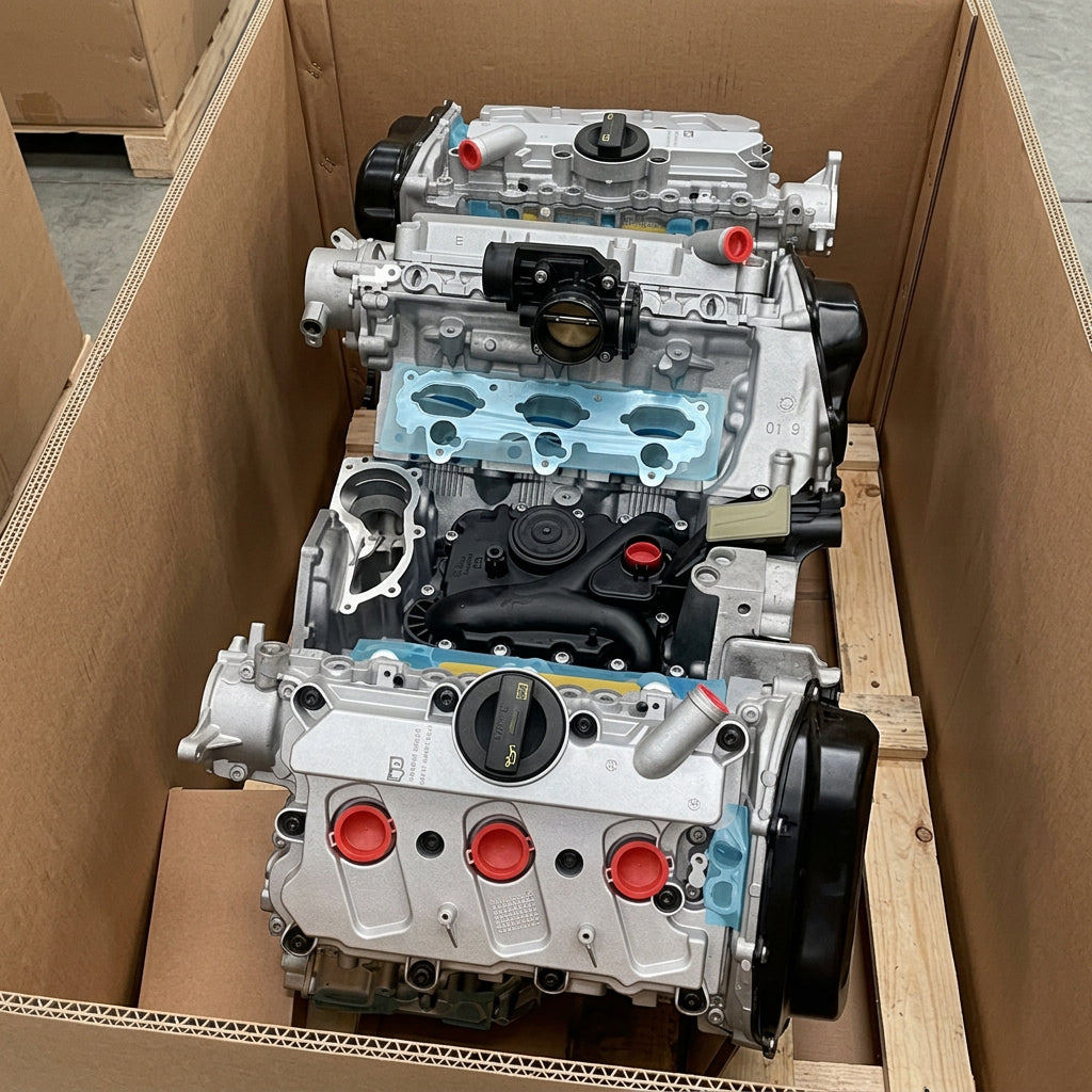 A used silver and black automotive engine block with red valve covers and a light blue gasket, sitting inside a large brown cardboard box.