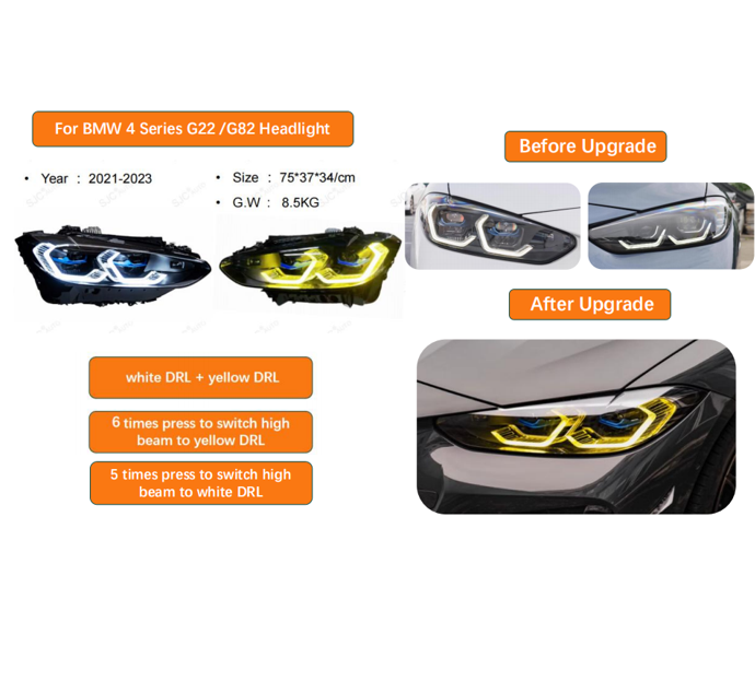 Vekto dual color LED headlights assembly for BMW 4 Series G22, M3 G80, M4 G82, featuring laser-style design and modern illumination.