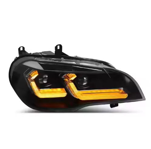 Vekto laser style LED headlights for BMW X5 E70 2007-2013, showing close-up of headlight with modern LED design and clear lens.