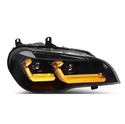 Vekto laser style LED headlights for BMW X5 E70 2007-2013, showing close-up of headlight with modern LED design and clear lens.
