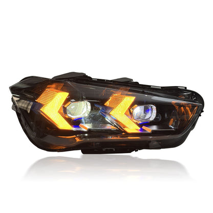 Vekto LED projector headlights for BMW X1 F48/F49 2016-2021, close-up of headlight with bright LED lens and sleek design.