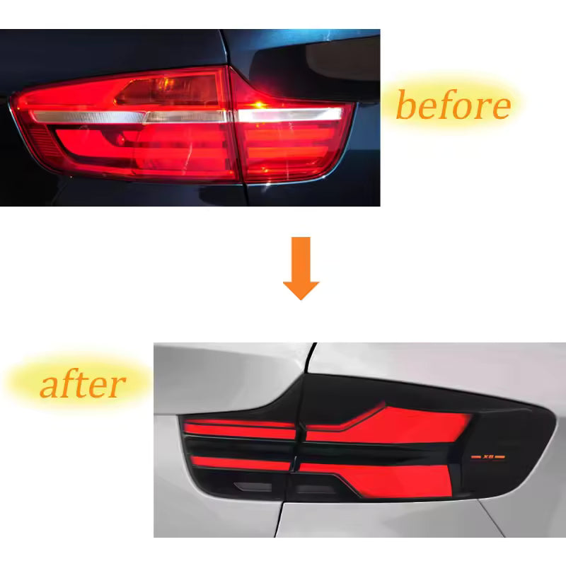 Vekto LED tail lights for BMW X6 E71 2007-2014, showing sleek red and clear lens taillights installed on vehicle.