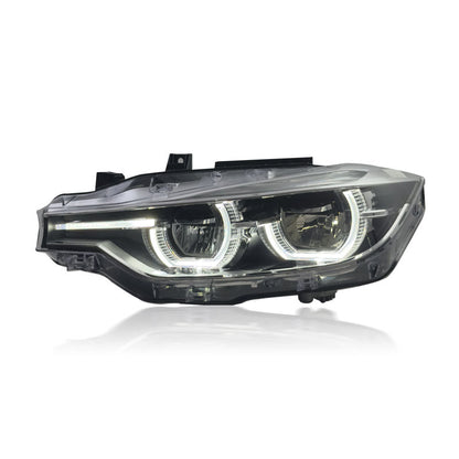 Vekto dual-color LED headlights for BMW 3 Series F30/F35 2013-2018, showing close-up of headlight with dual-color LED design.