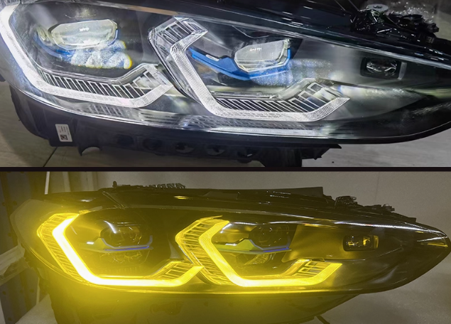 Vekto dual color laser style LED headlights assembly for BMW 4 Series G22, M3 G80, M4 G82, showing sleek headlight design