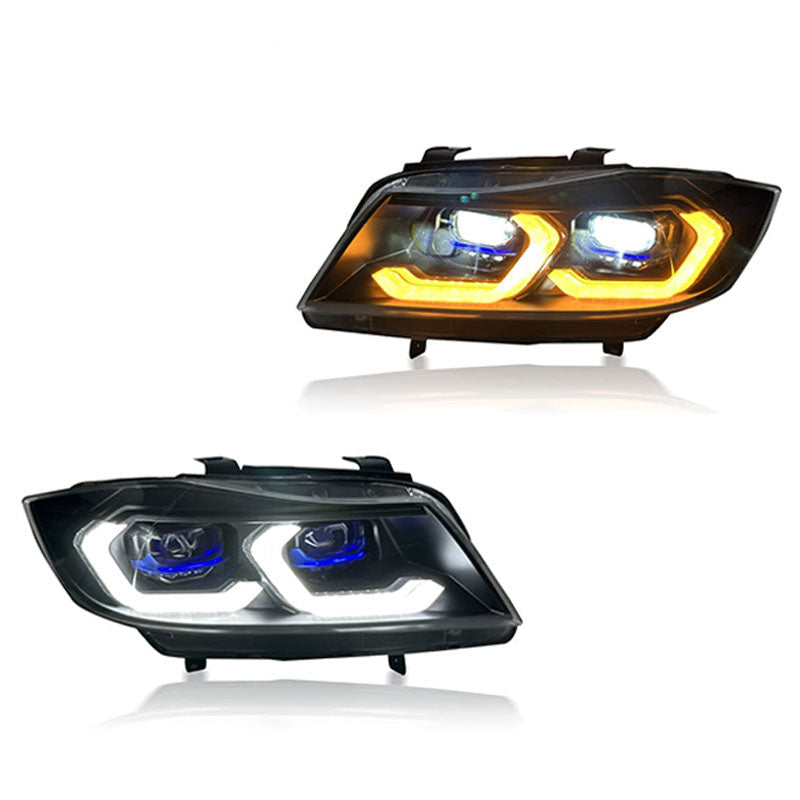Vekto dual color LED headlights assembly for BMW 3 Series E90, showing sleek headlight design with dual color LED lighting.