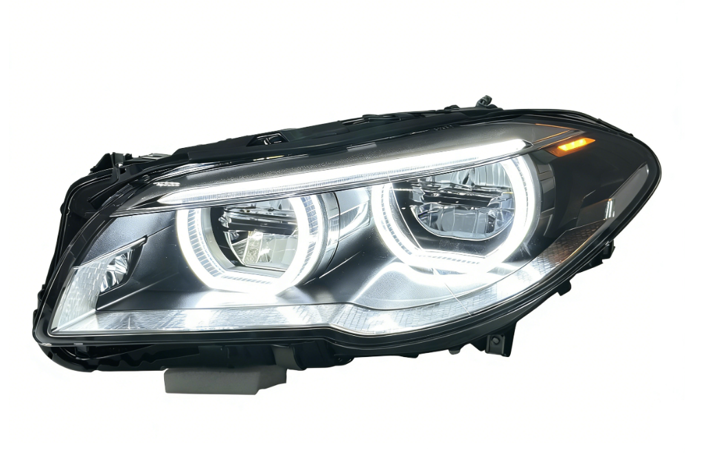 Vekto dual color angel eyes LED headlights assembly for BMW 5 Series F10 F18 2010-2013, showcasing the headlights with angel eye rings.