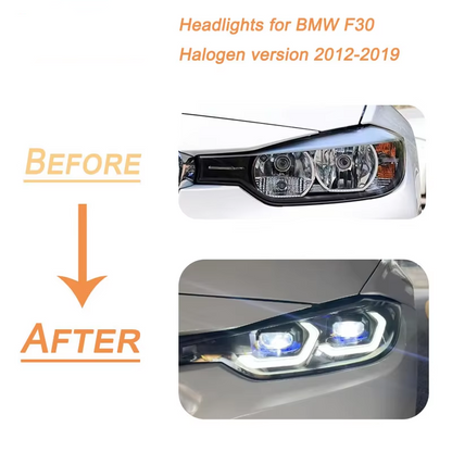 Vekto Laser Style LED headlights assembly for BMW 3 Series F30 F35, 2012-2019, with modern design and bright illumination.