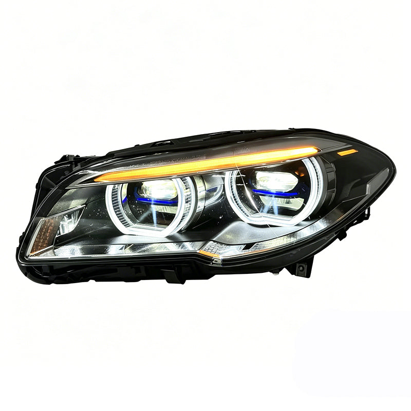 Vekto Angel Eye Laser dual lens bi-color LED headlights for BMW 5 Series F10/F18 and M5, showcasing front view with LED rings.