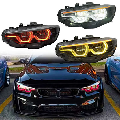 Vekto V3 IKON triple-color LED headlights for BMW F32, F33, F36, F80, F82 models showing the LED headlight design and colors.