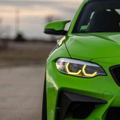 Vekto dual-color LED daytime running light modules for BMW F22/F23 2 Series LCI headlights, 2018-2020, with sleek design and bright illumination.