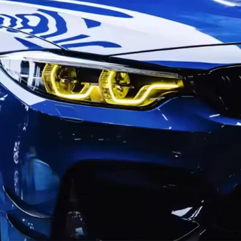 Vekto CSL Yellow LED DRL modules for BMW F80 M3 and F82/F83 M4 LCI headlights, 2018-2020, showcasing bright yellow LED daytime running lights.