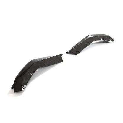BMW G80 M3 Competition carbon fiber rear bumper splitters by K2 Industries, showcasing sleek aerodynamic design.
