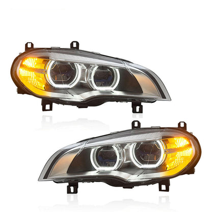 Vekto dual color angel eyes LED headlights assembly for BMW X5 E70 2008-2013, showcasing the headlight design and LED rings.