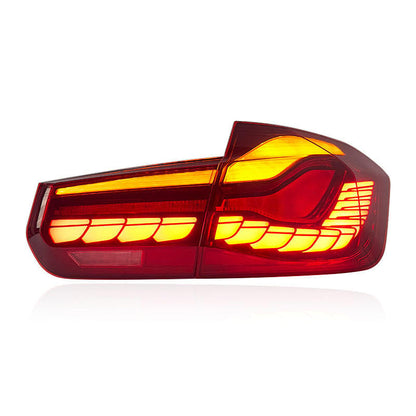 Vekto OLED GTS Style LED tail lights installed on BMW 3 Series F30/F35 and M3 F80 models, showing sleek red and clear lens design.