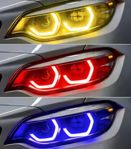 Vekto RGB LED DRL headlight modules for BMW F22/F23 2 Series and F87 M2 LCI 2018-2020, showing vibrant LED lighting details.